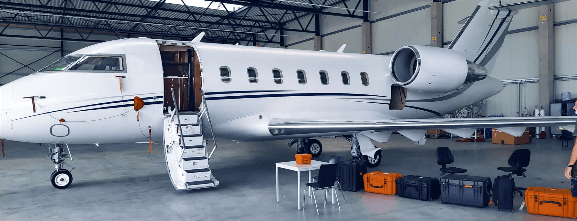 Aircraft in hangar supporting flight test campaigns, data acquisition, engineering and certification services